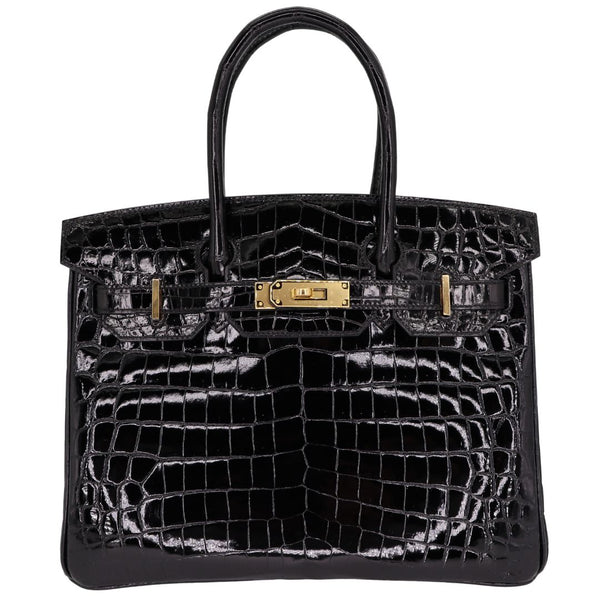 Herm�s 30cm Birkin Black Shiny Niloticus Crocodile Gold Hardware