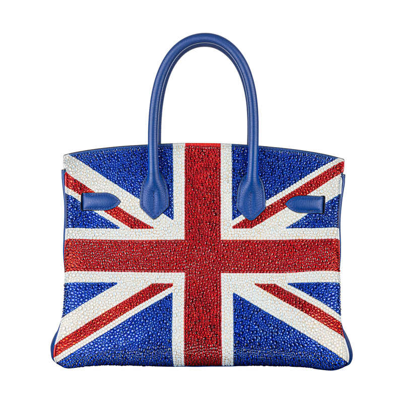 Herm�s 30cm Birkin Customized Union Jack Swarovski Crystal Palladium Hardware