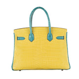 Herm�s 30cm Birkin HSS Mimosa/Bleu Paon Matte Porosus Crocodile Brushed Gold Hardware