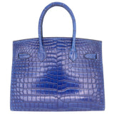 Herm�s 30cm Birkin Sellier Indigo Aizome Matte Porosus Crocodile Palladium Hardware