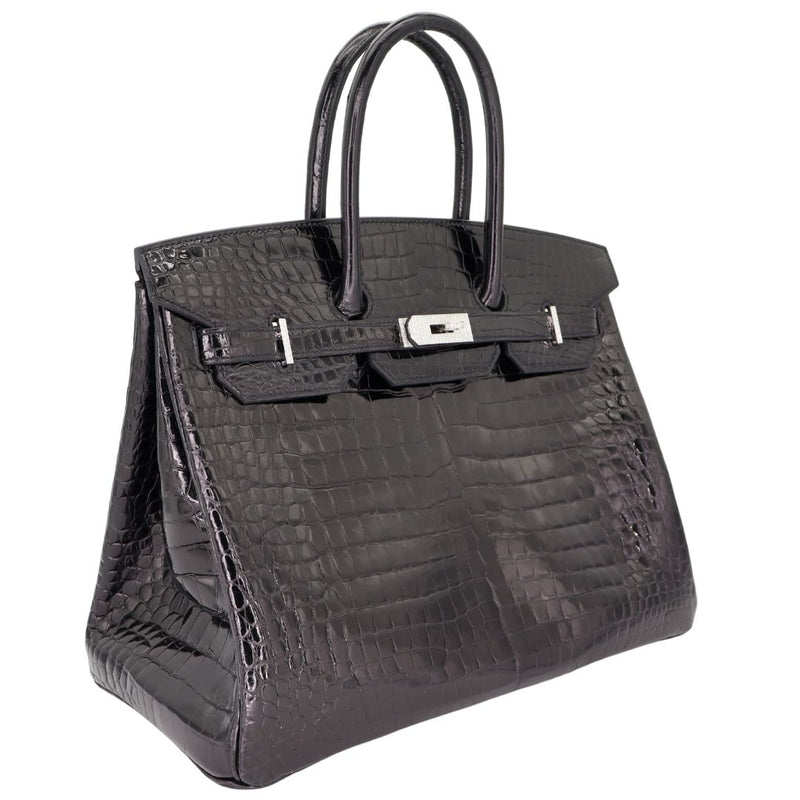 Herm�s 35cm Birkin Black Shiny Porosus Crocodile White Gold Diamond Hardware