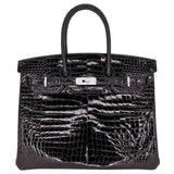 Herm�s 35cm Birkin Black Shiny Porosus Crocodile White Gold Diamond Hardware