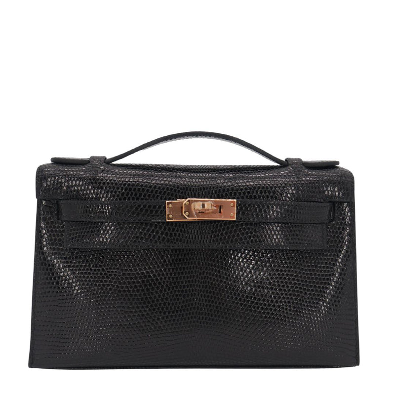 Herm�s Kelly Pochette Black Shiny Lizard RGHW