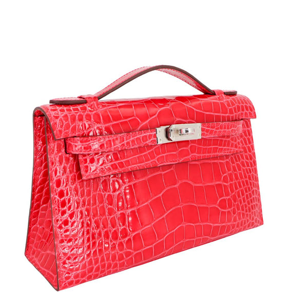 Herm�s Kelly Pochette Rose Extreme Shiny Alligator Palladium Hardware