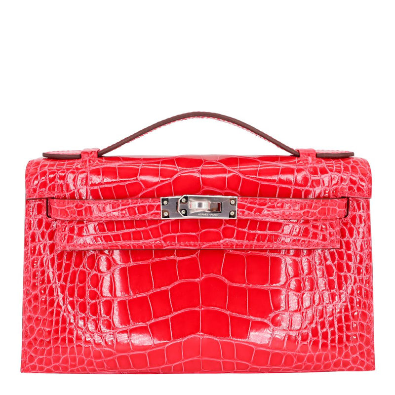 Herm�s Kelly Pochette Rose Extreme Shiny Alligator Palladium Hardware