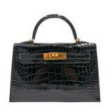 Herm√®s Mini Kelly II Black Shiny Crocodile Gold Hardware