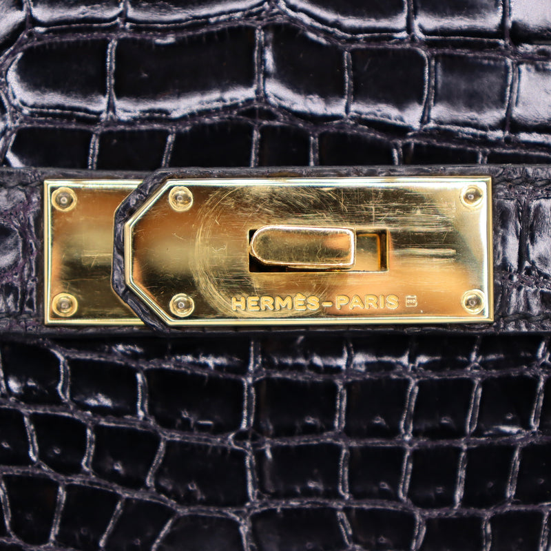 Hermès 40cm HAC Black Shiny Porosus Crocodile Gold Hardware