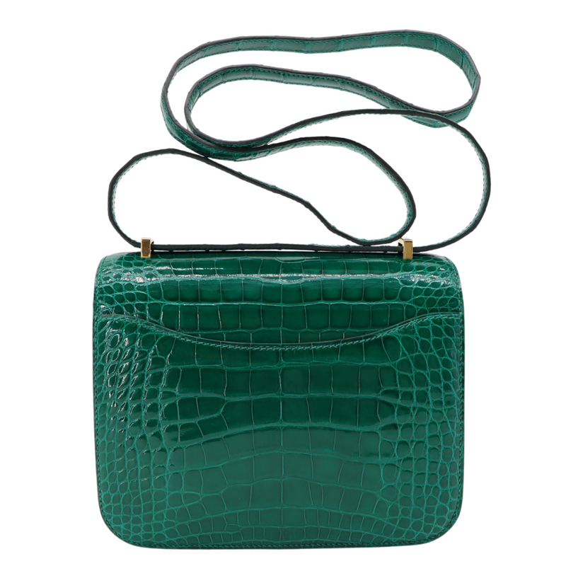 Hermès 18cm Constance Vert Emeraude Shiny Alligator Gold Hardware